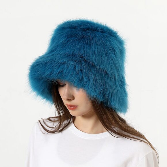3037 Fuzzy Bucket Hat Winter Fluffy Furry Plush Faux Fur Hats Rainbow Cute